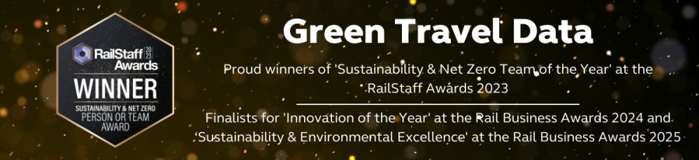 Image of award with text saying Green Travel Pledge: Proud winners of Sustainability & Net Zero Team of the Year at the Rail Staff Awards 2023 and finalists for Innovation of the Year at the Rail Business Awards 2024 and Sustainability and Environmental Excellence in 2025.